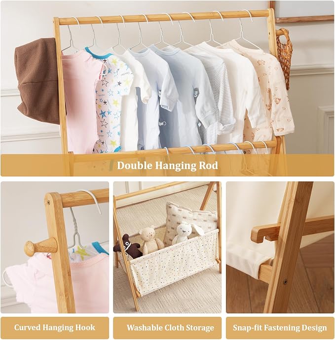 Baveke Kids Clothing Rrack- Kids Dress Up Rack for Little Girls, FSC-Certified Bamboo Kids Clothes Rack, Toddler Dress Up Storage Rack & Folding Costume Rack, Double Rods, Pets Clothes Rack, Spot