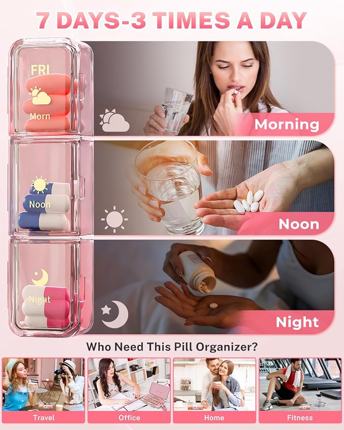 Weekly Pill Organizer 3X a Day - 7 Day Pill Box with 21 Compartments (Morning/Noon/Night), BPA-Free Daily Pill Case, Portable Medicine Organizer for Vitamins, Supplements & Medication【Upgrade】 (Pink)