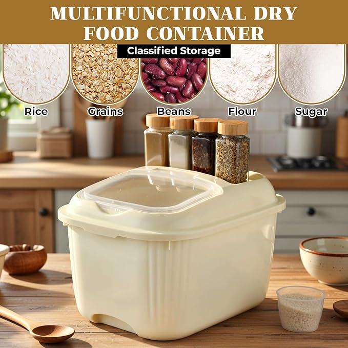 Blushtier 4 Pack Sugar Storage Containers Flour Bin with Wheels Large Pet Dog Food Storage Boxes Measuring Cup Sealed Transparent Flip Lid Portable Household Rice Container Set (Yellow,20 Lbs)