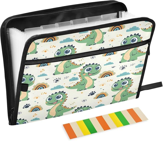 Green Dinosaur Rainbow Pattern 13 Pocket File Organizer Expanding File Folder with Front Pouch Portable Business File Storage Document Organizer Folder with Zipper