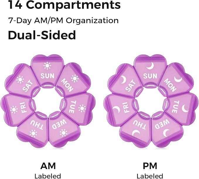 LANDNEOO Weekly Pill Organizer 2 Times a Day, Cute Double-Sided AM PM Pill Case 7 Day, Purple Travel Pill Box for Medication, Vitamins, Fish Oils, Supplements - Purple