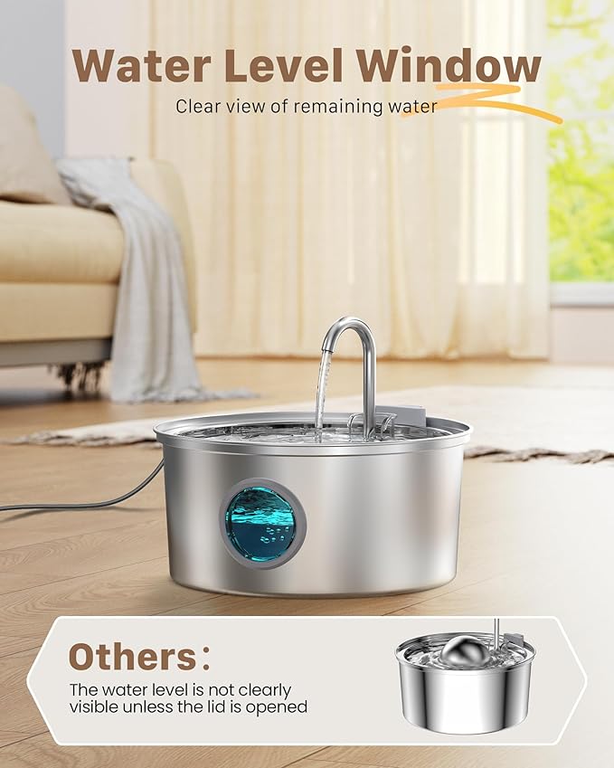 Pet Water Fountain Stainless Steel: 108oz/3.2L Cat Water Fountains for Cats Indoor - Metal Cat Fountain Bowl - Faucet Kitty Fountains with Led Light - Cats Pet Fountain for Drinking