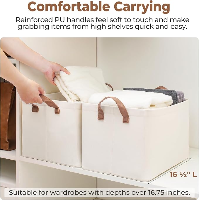 StorageWorks Storage Basket for Shelves, Storage Bins, Natural, 2-Pack | Large, With Reinforced PU Handles, Metal Frame, Sturdy Structure, Collapsible, Holds Clothes, Towels, Blankets
