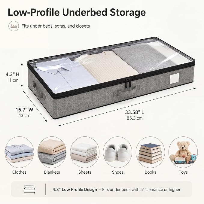 Fixwal Underbed Storage Containers 2 Pack Reinforced Under bed Organizer | Reinforced Sidewalls and Bottom, Low-Profile Design Below 4.5in, for Clothes and Linens, Under-Bed Storage