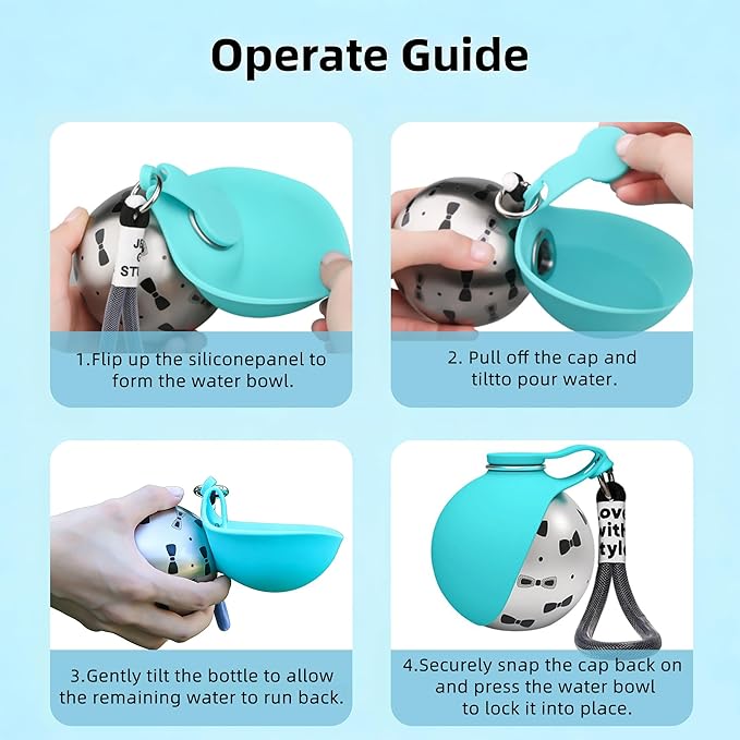 2 In 1 Portable Dog Water Bottle with Foldable Silicone Bowl, 10 Oz Travel Water Bottle for Dogs Drinking, Leakproof Stainless Steel Pet Water Bowl for Outdoor Walking Hiking Camping (Blue with Print)