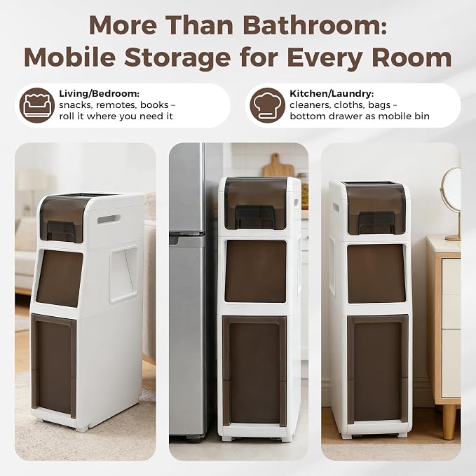Slim Bathroom Storage Cabinet with Trash Can, Narrow Movable Waterproof Bathroom Floor Cabinet with Toilet Paper Holder for Bathrooms Toilet (15.1 * 6.9 * 25.2in)