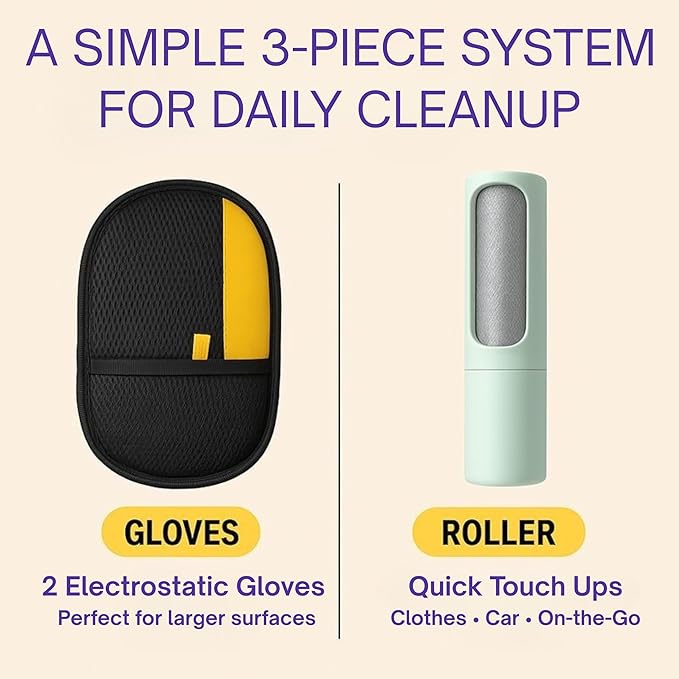 Jaxabby Products Reusable Pet Hair Remover Kit – 3-Piece Set with Fabric Pads & Self-Cleaning Lint Roller for Clothes, Furniture, Couch & Car, No Refills, Eco-Friendly (Pastel Green)