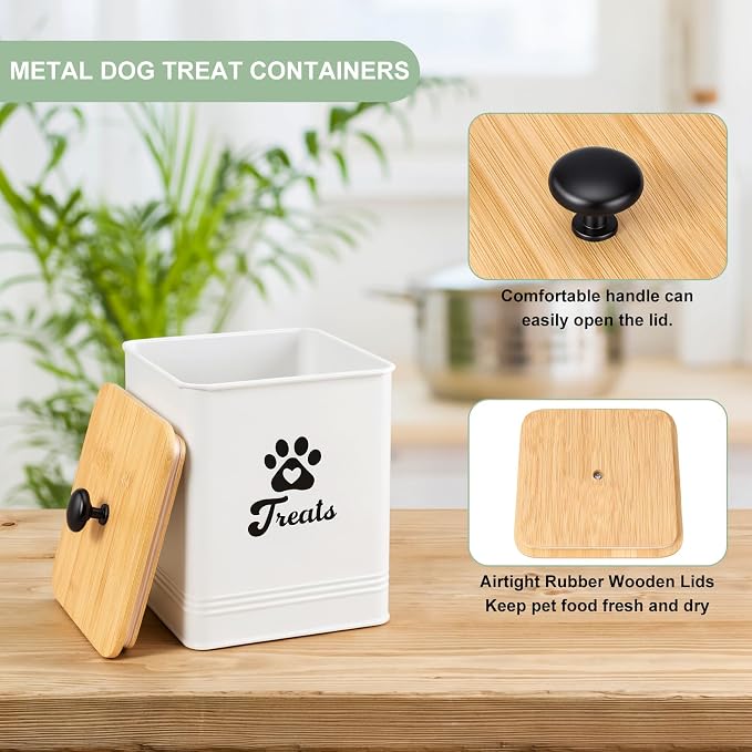 Dog Treat Container Airtight, 5.7" W x 6.7" H Iron Pet Treat Jar with Bamboo Lid, 12 Cup Food Storage Canister for Kitchen Counter, Decorative Pet Cookie Jar for Dog Snacks Kibble,White