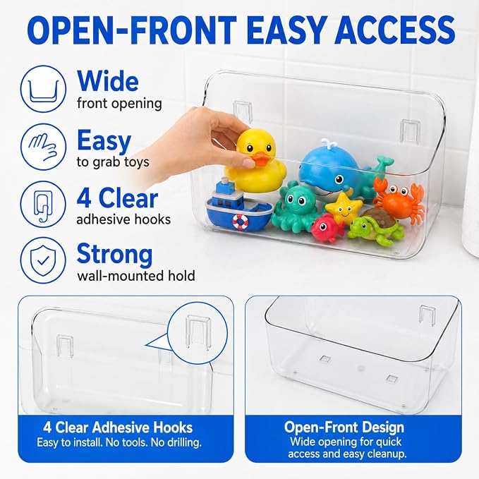Bath Toy Organizer 2 Pack, Clear Bins with 4 Adhesive Hooks | Clear PET bath toy storage for bathtub and shower; large open bins mount without drilling and detach for easy cleaning.