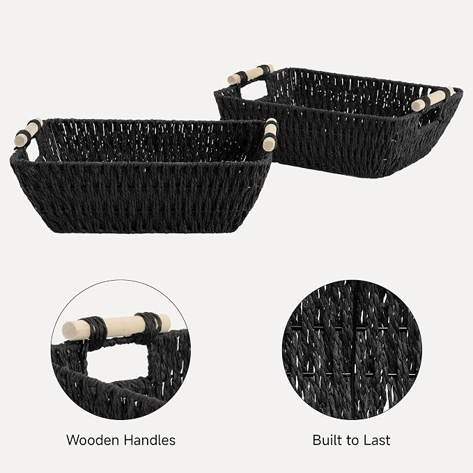 StorageWorks Wicker Baskets, Toilet Paper Baskets for Shelf, Bosana Green | Wicker Storage Baskets for Shelves, Baskets with Wooden Handles, 2-Pack Gifts Basket for Home Decor, Hand-Woven Basket