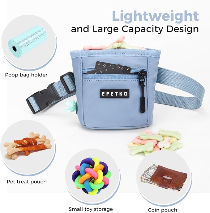 Dog Treat Pouch, Powerful Magnet Closure Device Dog Training Treat Bag Large Capacity Pet Treat Pouch with Poop Bag Dispenser Treat Bag for Dog Training with Metal Waistband Clip (Light Blue)