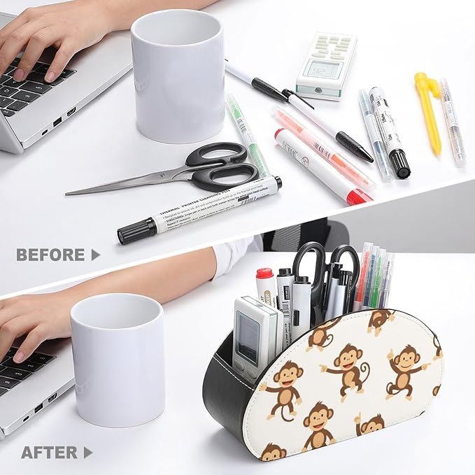 5 Compartment Remote Control Holder Monkey Cartoon Animal Storage Caddy Box | Pu Leather Desktop Organizer, Monkey Cartoon Animal Cute, Fit for TV Remotes, Media Player, Brush, Office Accessories