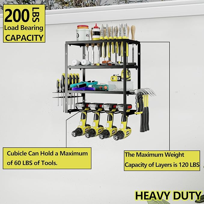 AZERPIAN Power Tool Organizer Heavy Duty Wall Mount Drill Tools Holder | Garage Wall Mount Tool Rack, Workshop Metal Cordless Tool Shelf, 3 Layers Utility Storage Racks for 4 Drill Holders