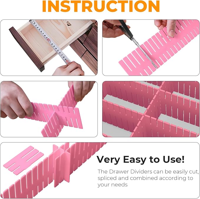 Adjustable Drawer Dividers, Cut to Fit Plastic Organizer Strips, 8-Pack | Plastic Drawer Dividers for Organizing Utensils Socks Underwear Makeup in Kitchen Bedroom Drawers Bins Fridge Compartments