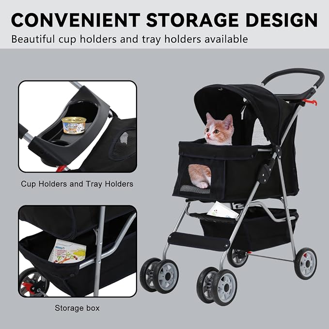 4 Wheels Dog Stroller, Pet Cat Jogger Stroller, Folding Carrier Waterproof Puppy with Cup Holder & Removable Liner, Dog Strollers for Small Dogs, for Small and Medium Pet Supplies (Black)