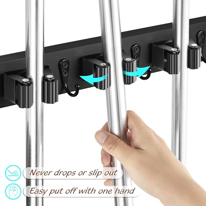 OUTNILI 2 Pack Black Mop Broom Holder Wall Mount - Wood Broom Mop Hanger - Wall Mounted Garden Tool Rack Organizer for Closet Garage Laundry Room, 4 Slots & 4 Hooks
