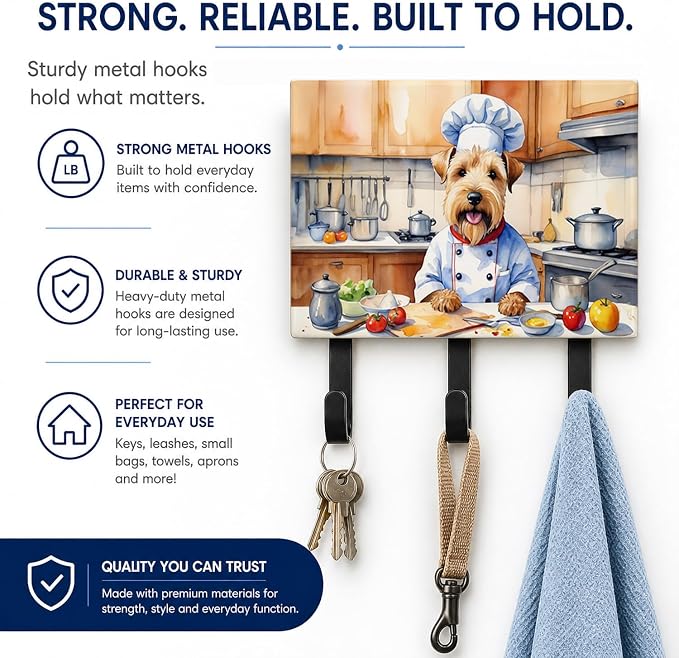 Caroline's Treasures Wheaten Terrier The Chef Leash or Key Holder Wall Hooks, Key Hooks Holder, Coat Rack Wall Mount, Coat Hooks, Hooks for Hanging Keys, Towels, Aprons, Leashes | Wheaten Terrier The Chef artwork on ceramic tile with three steel hooks ...