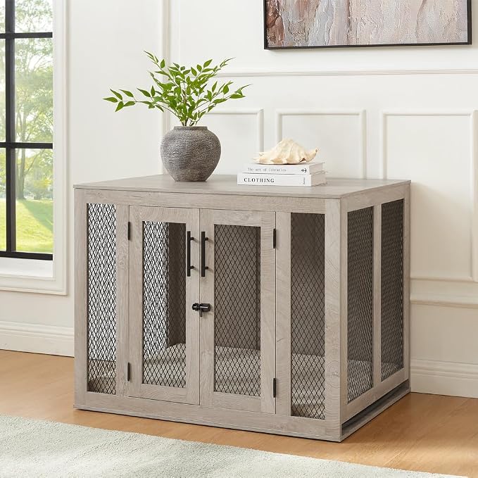 unipaws 38.5 Inch Large Dog Crate Furniture, Wooden Kennel for Large Breed | Indoor Decorative Wood Dog Cage, Inside Side End Table Crate with Tray and Dog Bed, Dog Enclosure