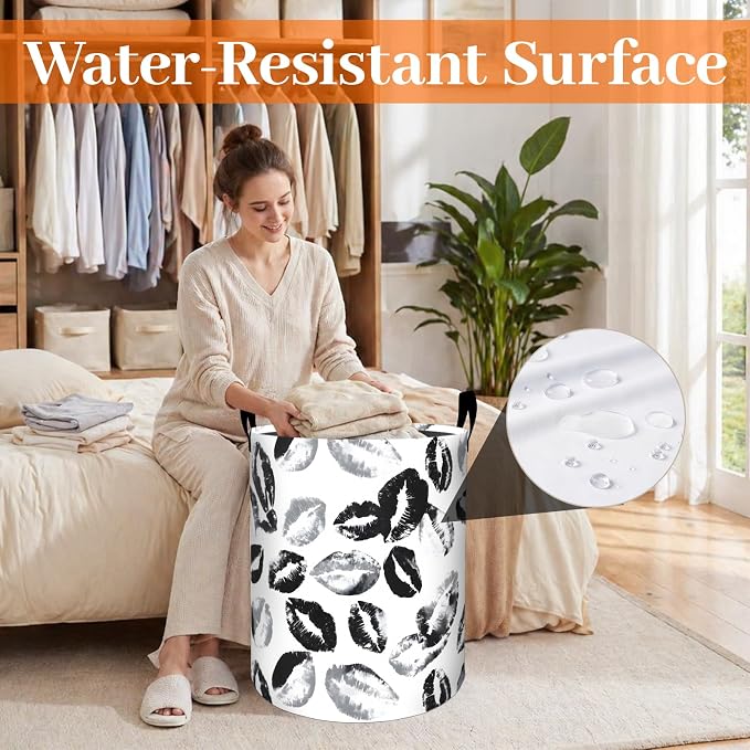 Lip Print Laundry Basket, Modern Romantic Black Kiss Oxford Cloth Dirty Clothes Collapsible Hamper for Room Decor, Couple Gifts, Toy Organizer 19.7 x 15.7 Inches for Bedroom Bathroom Dorm
