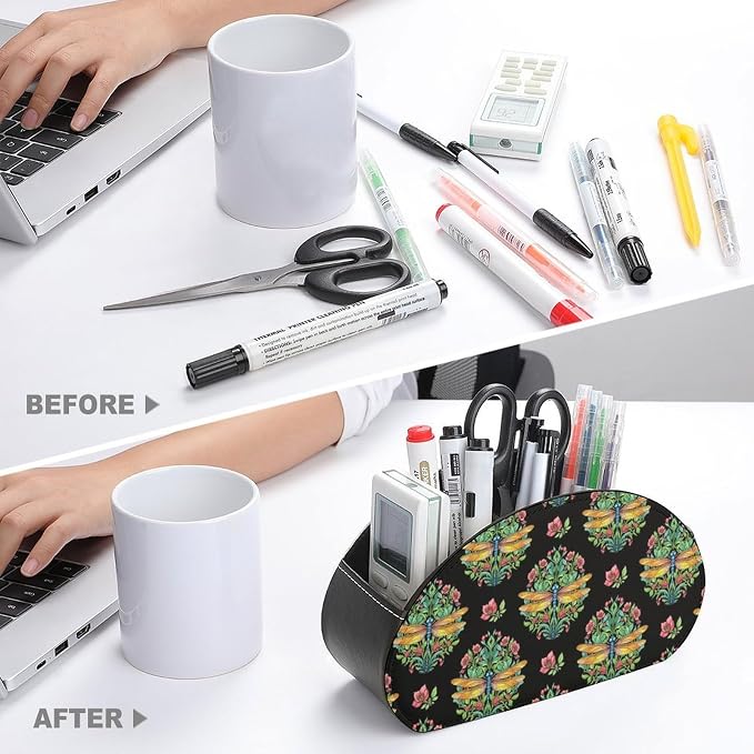 Remote Control Holder Caddy Dragonfly Animal Lover Desk Storage Organizer | Dragonfly Animal Lover, PU Leather, 5 Compartments, Fits TV Remotes, Media Player, Office Supplies