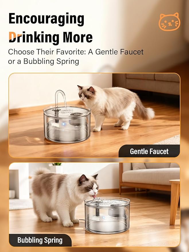Cat Water Fountain, 74oz/2.2L Glass Automatic Water Fountain with Ultra-Quiet Auto Shut-Off Pump, Easy to Clean Pet Water Dispenser for Cats, Kittens Indoor (with 8 Filters)