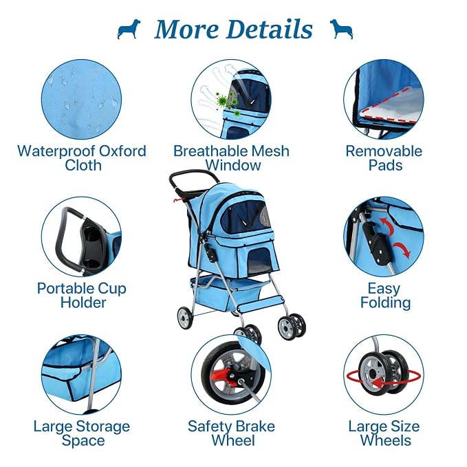HHS 4 Wheels Pet Dog Stroller Foldable Pet Jogger Travel Carrier Cart W/Cup Holders Removable Liner Storage Basket for Small Medium Cats/Dogs, Blue, 17.5inches(L) x 33inches(W) x 38.6inches(H)