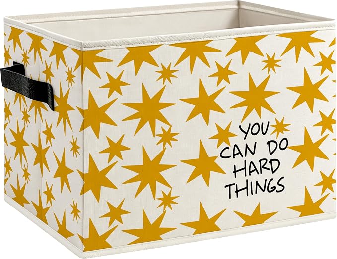 You Can Do Hard Things Kids Affirmation Box with Handles, Motivational Yellow Stars Decorative Storage Boxes Baskets Organizer for Bedroom Nursery Playroom Classroom