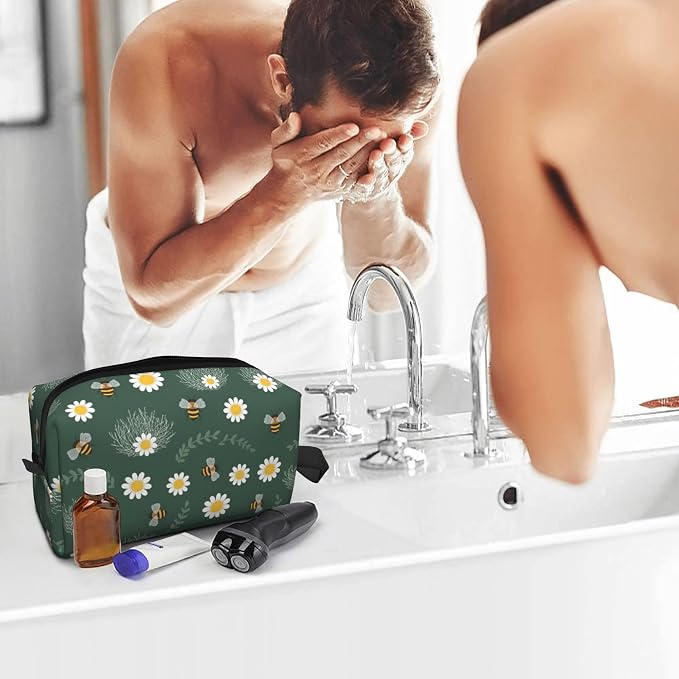 Dark Green Bee & Daisy Makeup Bag - Durable 600D Oxford Fabric Travel Cosmetic Bag, Shockproof Foam Padded Toiletry Organizer for Gym & Daily Use 10x6.2x4.9 Inch