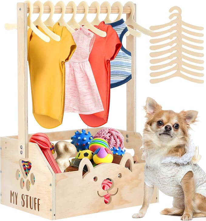 Chunful Dog Closet Wardrobe, Storage Bin, 5 Hangers, Wooden,Wood Color | Organize Pet Clothes and Toys, For Small Dogs and Cats, Includes Wardrobe Rack and Storage Box, Natural Wood, 19"x13"x9"