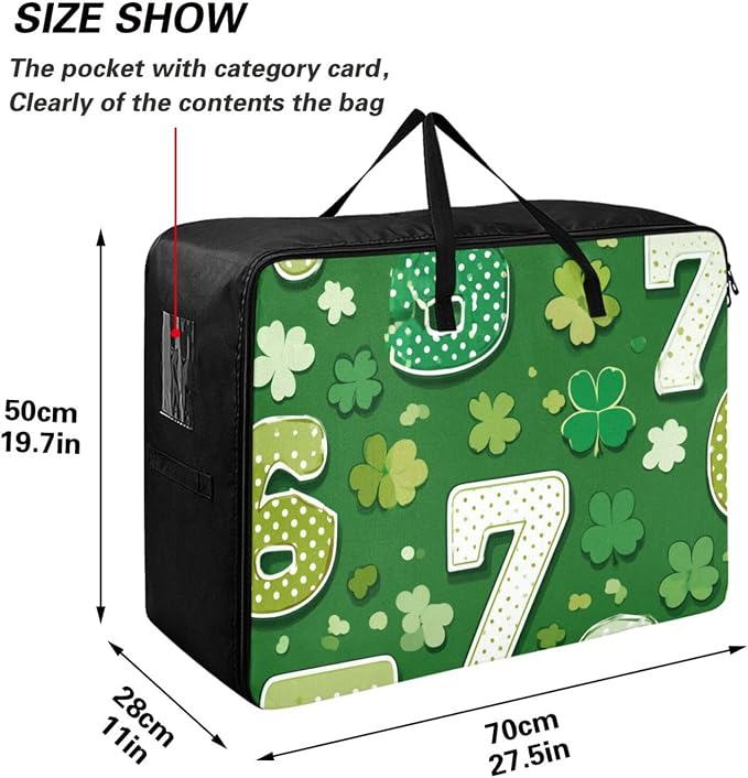 Comforter Storage Bags Large Folding Blanket Organizer Bag with Strong Handles Clear Window Closet Storage Containers for Clothes King Queen Pillows Bedding Quilt Duvet Dark Green Clovers 67