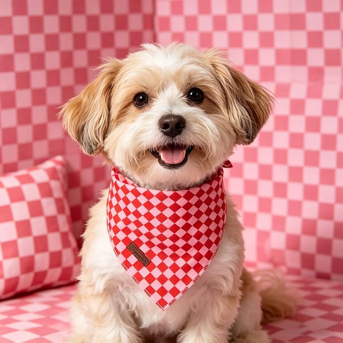 Red and Pink Plaid Dog Bandana–Red and Pink Checked Triangle Scarf for Small Medium Large Dogs, Soft Cotton Pet Bib for Dogs, Adjustable Dog Kerchief