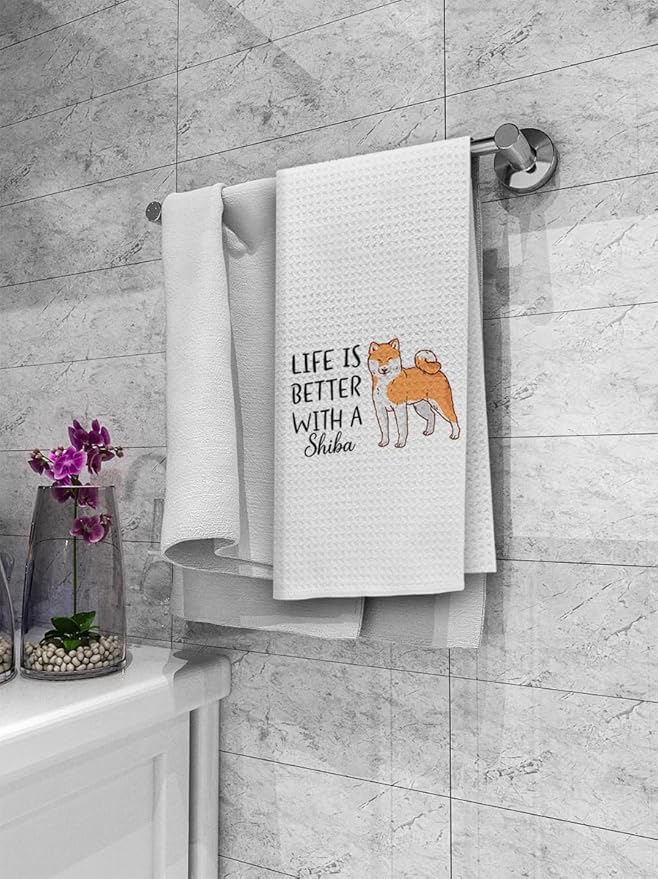Dibor Life is Better with A Shiba Kitchen Towels Dish Towels Dishcloth,Cute Puppy Dog Absorbent Drying Cloth Hand Towels Tea Towels for Bathroom Kitchen,Dog Lovers Girls Women Gifts