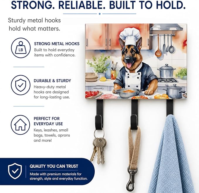 Caroline's Treasures German Shepherd The Chef Leash or Key Holder Wall Hooks, Key Hooks Holder, Coat Rack Wall Mount, Coat Hooks, Hooks for Hanging Keys, Towels, Aprons, Leashes | German Shepherd The Chef artwork on ceramic tile with three steel hooks ...