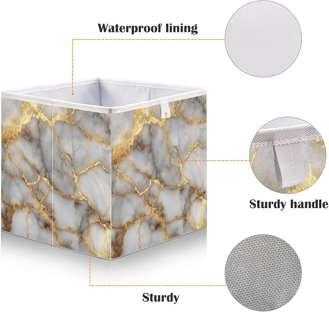 Gold Marble Pattern Cube Storage Bins Collapsible Fabric Storage Baskets Large Clothes Organizer Box for Bedroom Living Room Study Room 11×11×11 In