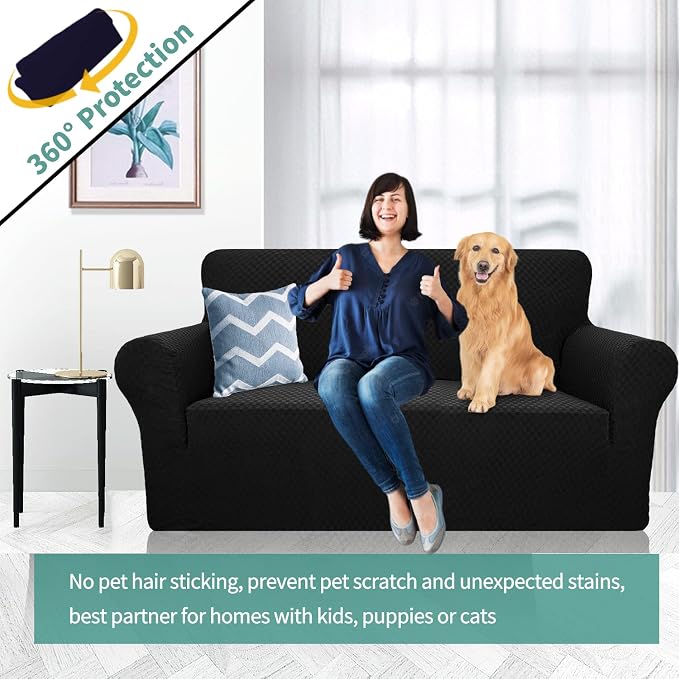 YEMYHOM Couch Cover Latest Jacquard Design High Stretch Sofa Covers for 2 Cushion Couch, Pet Dog Cat Proof Loveseat Slipcover Non Slip Magic Elastic Furniture Protector (Medium, Black)