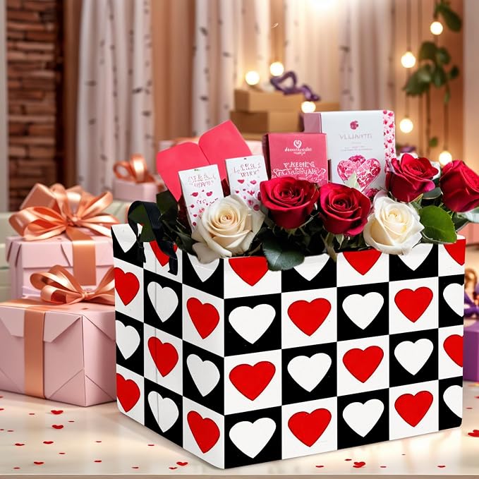 Cute Large Valentine's Day Gift Basket Empty Heart Decor Storage Bin for Kid Baby Room Décor (Checkered Red and White)
