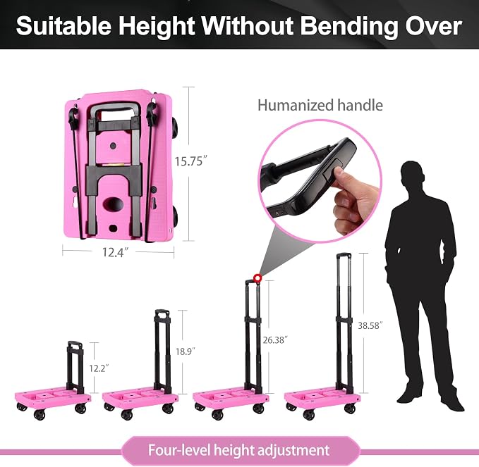 GtIiFmTe Foldable Hand Truck, Lightweight Luggage Cart for Airport Car Seat | Compact Folding dolly with Rotating swivel wheel,storage size12×15.7×4.1",300lbs Load,Upright Lock Handle with 3bungee cords