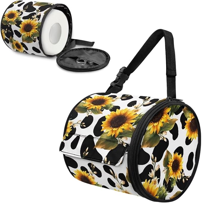 Sunflower Cow Hanging Paper Towel Roll Holder with Adjustable Strap Water Resistant Toilet Tissue Roll Dispenser Handy Toilet Paper Cover Storage Holder