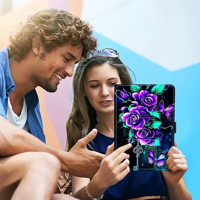 Universal Case for T-Mobile Revvl Tab 2 10.1" Model:9185W 2025/Revvl Tab 5G 10.36" 2023, 360 Degree Rotating Kickstand Protective Stand Leather Shell Cover for 9"-10.5", Purple Roses 02