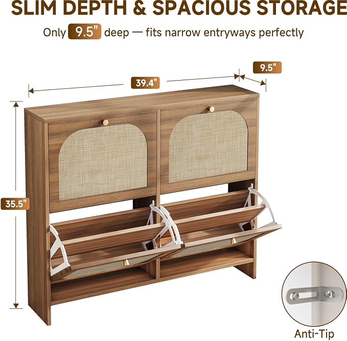 Freestanding Ultra Slim Arched Rattan Accent Shoe Storage Cabinet for Entryway - 4 Flip Drawers & 3-Tier Adjustable Shelves, Farmhouse Modern Rustic Shoe Rack for Hallway, Foyer Oak