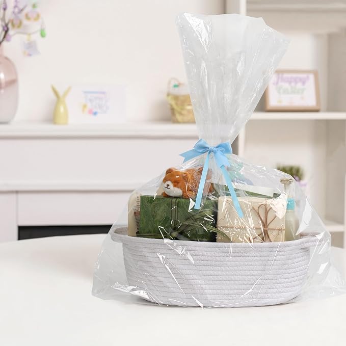 White Small Woven Basket, 13” x 9” x 5” Baskets for Gifts Empty Cotton Rope, Cute Nursery Baby Storage Organizer, Wicker Cat Toy Bin Box with Handles, Empty Gift Boo Basket
