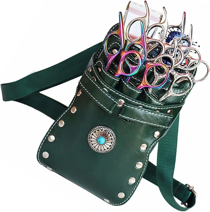 Fabater Retro Barber Scissors Bag for Hairstylists, PU Leather Detachable 7-Slot Tool Organizer, Crossbody Waist Bag for Scissors, Combs, Clippers, Spray Bottles (Dark green)