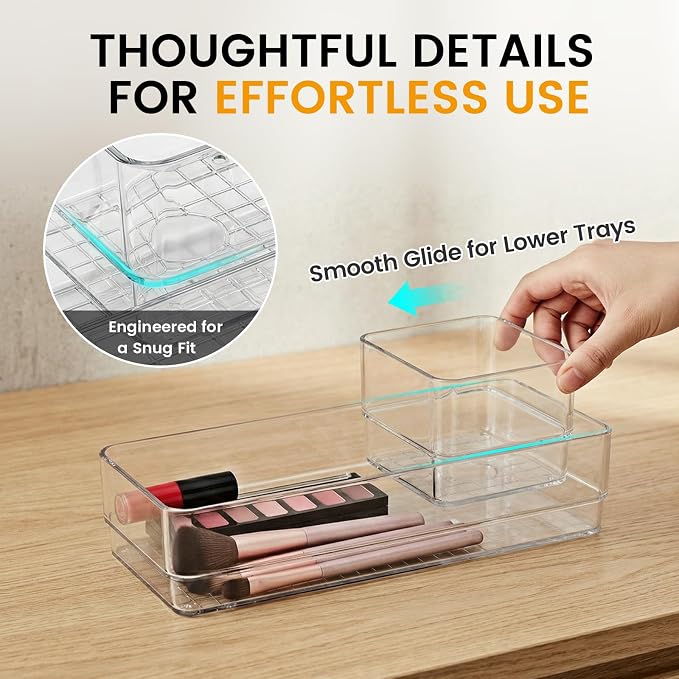 6 PCS Clear Plastic Drawer Organizer Set, 2 Sizes Acrylic Drawer Storage Trays Non Slip Storage Bins for Makeup, Jewelry, Gadgets for Kitchen, Bedroom, Bathroom, Office