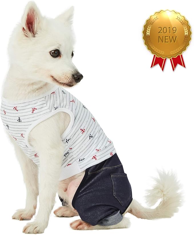 Blueberry Pet Summer Vacation Beach Cotton 4 Legged Onesie Dog Shirt with Denim Colored Pants, Sea Lover Nautical Striped Jumpsuit, Back Length 14", for Small Medium Dogs