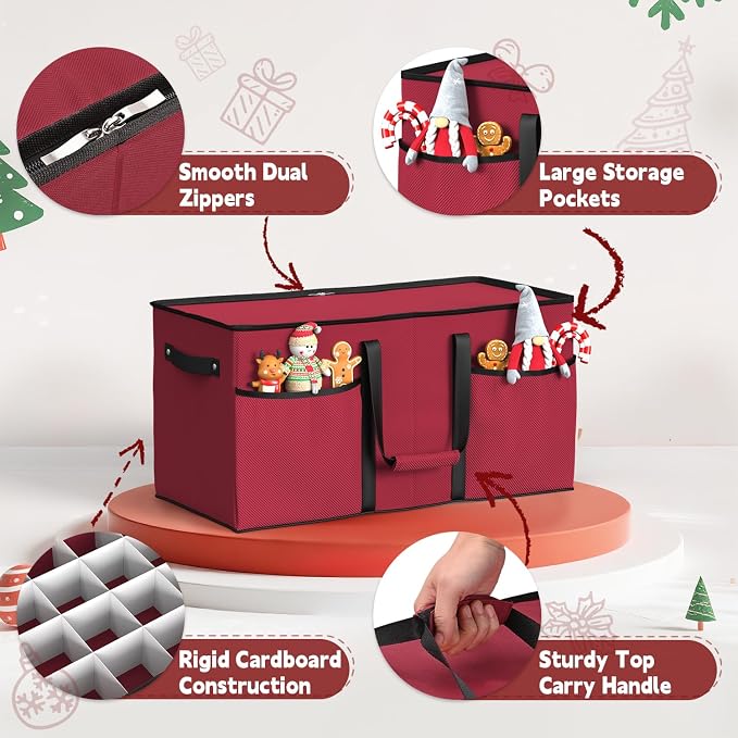 Sunvigor Christmas Ornament Storage Box with 8 Trays, Fits 128 Holiday Ornament Christmas Storage Container with Adjustable Dividers, Dual Zippers, 600D Oxford Christmas Decorations Storage(Rose Red)