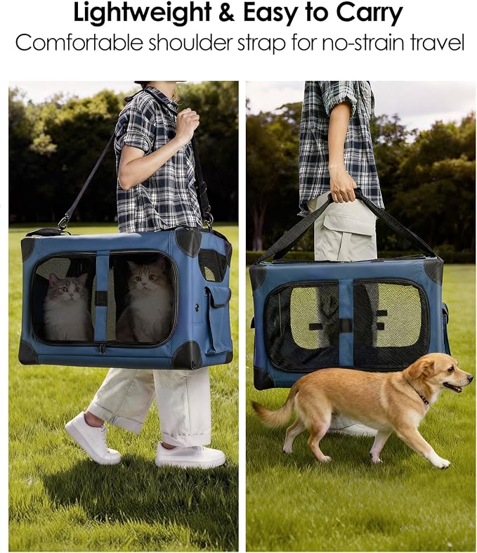 Extra Large 2-Cat Foldable Pet Travel Carrier,24"x17"x17",Blue | Removable Divider, Metal Frame Support, Breathable Mesh Panels, With Storage Tote & Padded Straps