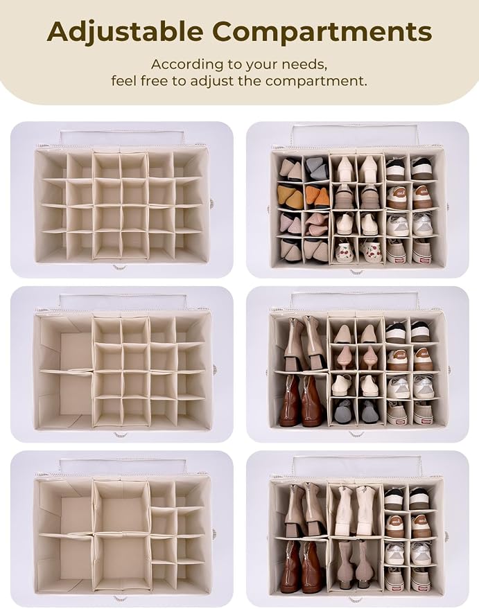 StorageWorks Shoe Organizer for Closet, Fits up to 24 Pairs, Shoe Cubby Storage Containers with Adjustable Dividers and Clear Cover, Khaki and Beige Stripes | Adjustable Dividers, Holds up to 24 Pairs, Foldable, Clear Lid, Soft Handles, Fits Boots, San...