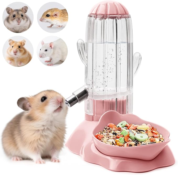 VANNON 2 in 1 Hamster Feeder Small Animal Water Bottle & Food Bowl Water Dispenser & Food Dish Bowl for Hamster, Small Mice, Rat, Gerbil, 4.6oz/130ml, BPA Free, Pink