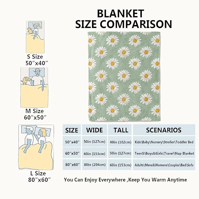Daisy Blanket Butterfly White Floral Pattern on Mint Green Throw Blankets Gifts for Girls Women Lightweight Soft Fleece Cozy for Sofa Couch Bed Room Birthday Boho Spring Decor 50x60in