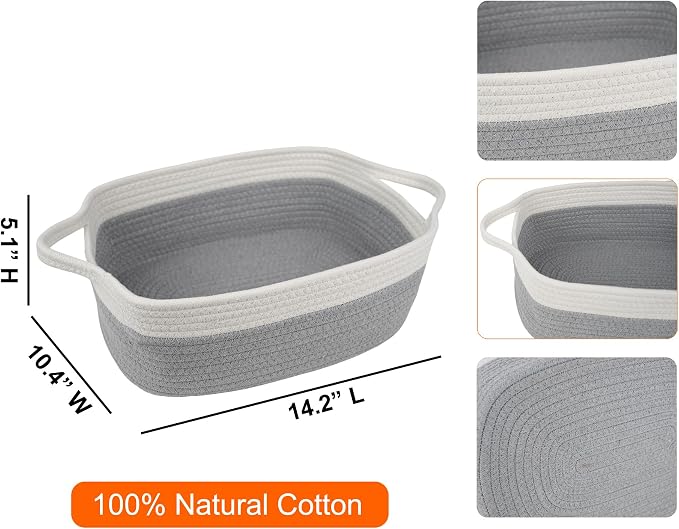 BOMINICA Cotton Rope Storage Basket with Handles, Natural Woven Basket, Decorative Rectangle Organizer Bin for Home, Nursery, Montessori, Pet Toy Storage and Bathroom Organization, Grey&White